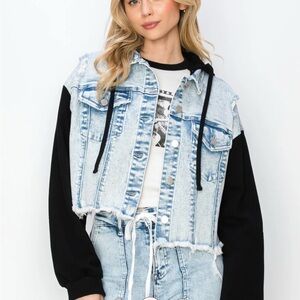 New Distressed Denim Jean Jacket with Black Sleeves and Removable Hood
